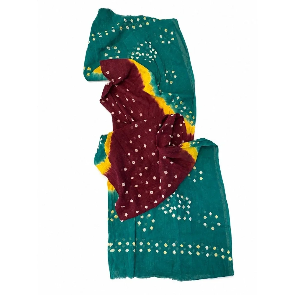 Handmade Bandhani Tie-Dye Cotton Scarf Dupatta Teal Maroon Yellow Indian Wrap